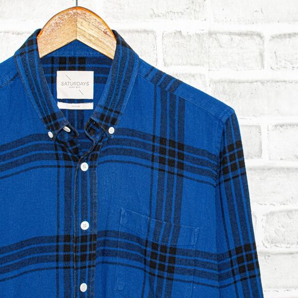 SATURDAYS SURF NYC Men's Flannel Shirt Blue Plaid Cotton Size Medium - Picture 2 of 5